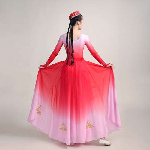 Pink Gradient coloted Xinjiang dance Dresses for women minority Uyghur dance clothes Chinese style Practice dress for woman